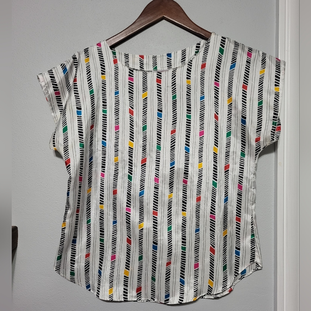 Vintage 80's Rhoda Lee White Multicolored Stripe Blouse Women's Size Small